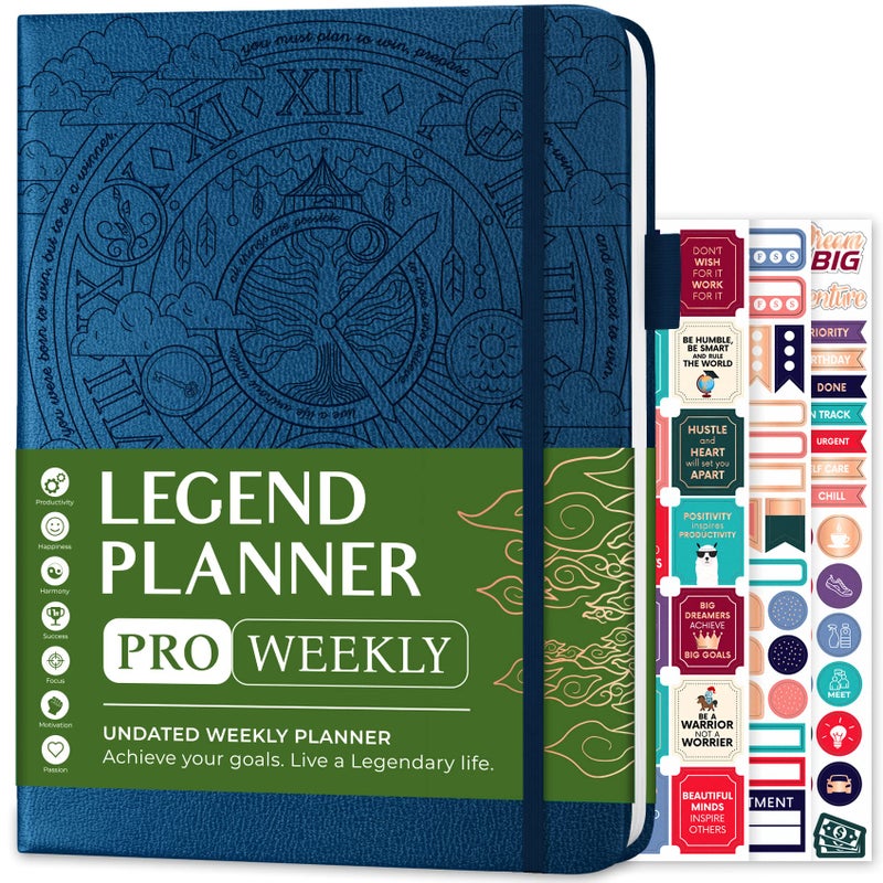 Legend Planner PRO â€“ Deluxe Weekly & Monthly Life Planner to Increase Productivity and Hit Your Goals. Time Management Organizer Notebook â€“ Undated â€“ 7 x 10" Hardcover + Stickers â€“ Mystic Blue - Image 1
